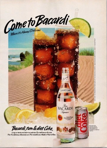 Bacardi Diet Coke Beach Scene Limes 1980s Vintage Magazine Print Ad