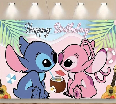 Lilo & Stitch Happy Birthday Surprise Cake Banner 40X60" Backdrop Wall Decor