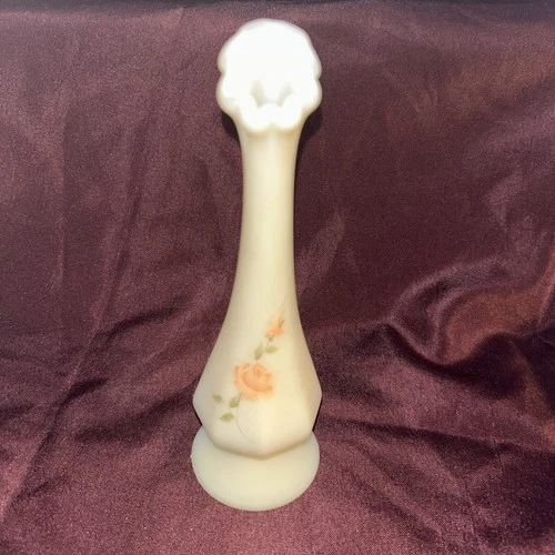 Fenton Custard Satin Glass bud Vase hand painted and signed D Kyle