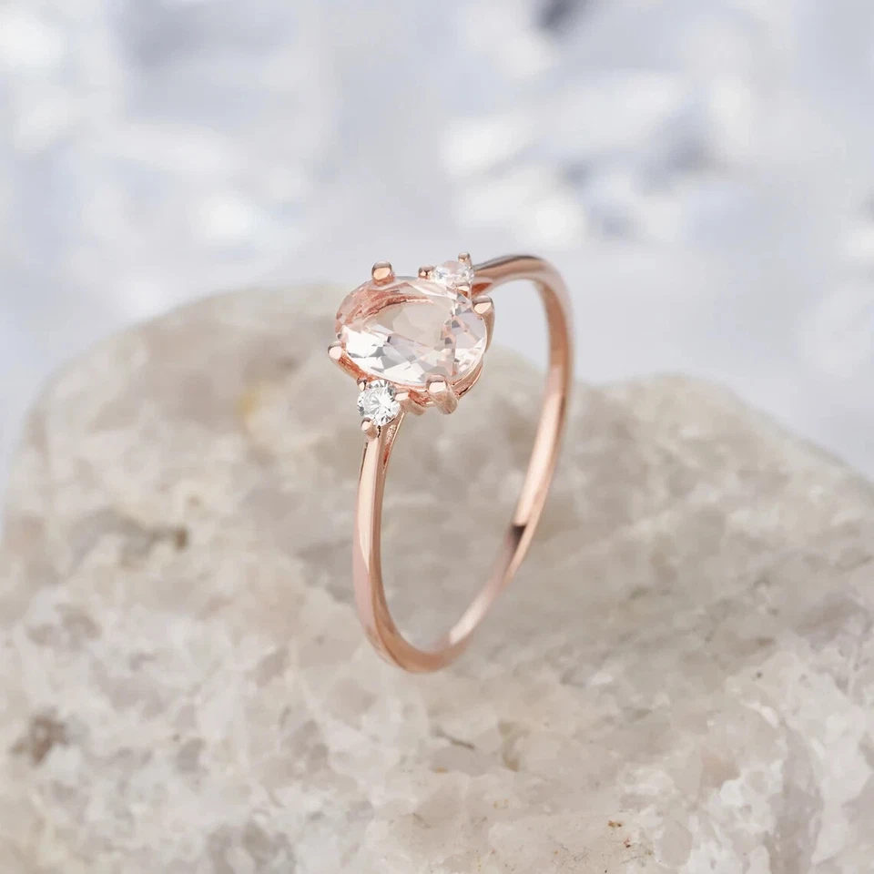 1 Ct Oval Cut Lab-Created Peach Morganite Three Stone Ring 14K Rose Gold Plated - Image 3 of 4