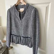 Rebecca Taylor Blazer Size 4 Fringe Tweed Full Zip Peplum Jacket Blue White
