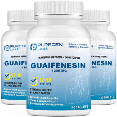 Puregen Labs Mucus Relief 12 Hour Guaifenesin 1200mg 110 Tablet 3 pack exp 10/26