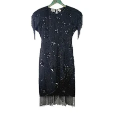 Vintage 80s Stenay Flapper Style Full Beaded Dress Sz 2P MUST SEE!