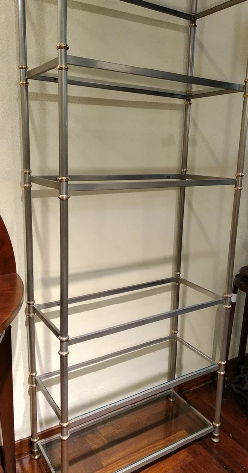 scaffale in metallo argentato e dorato con 7 ripiani cristallo cm 205 x 70 x32 - Immagine 2 di 4