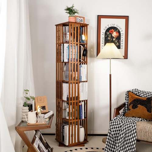 Rotating Bookshelf Tower 360 Display Spinning Bookcase Bamboo Bookshelf Floor - Picture 2 of 9
