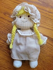 vtg Eden Cloth Baby Doll Stuffed White Tan Checked Dress Bonnet Bloomers Braids