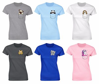 Womens Cute Animal Printed Pocket T 
