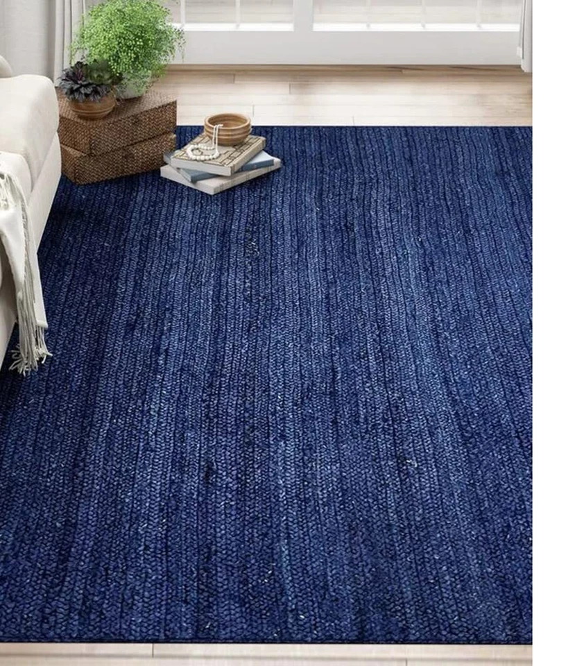 Jute Braided Modern Rug Blue Color Solid Style Rust Look Area Rug Square Carpet - Image 4 of 4
