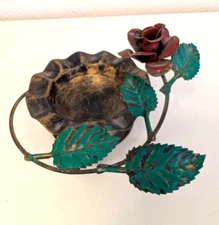 Vintage Toleware Rose fluted bowl ashtray Metal Shabby Chic European Garden Art