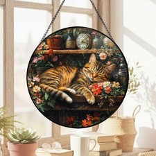 Stained Glass Sleeping Cat Suncatcher Floral Window Hanging Vintage Cottagecore