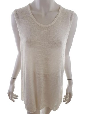 VIA APPIA Damen Tunika Bluse Gr. 44 Creme Ärmellos Einfarbig Runder Ausschnitt