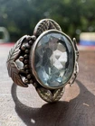 Vintage Native American Sterling Silver Oval Aquamarine Multi Leaf Ring Size 7.5