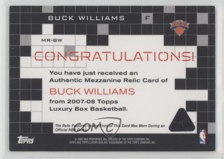2007-08 Topps Luxury Box Mezzanine Relics White 1/1 Buck Williams #MR-BW 0ry1 Foto 2 de 3