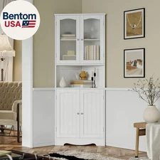 63.2" Tall Bathroom Corner Cabinet, Modern Storage Cabinet with Glass Doors, Buf