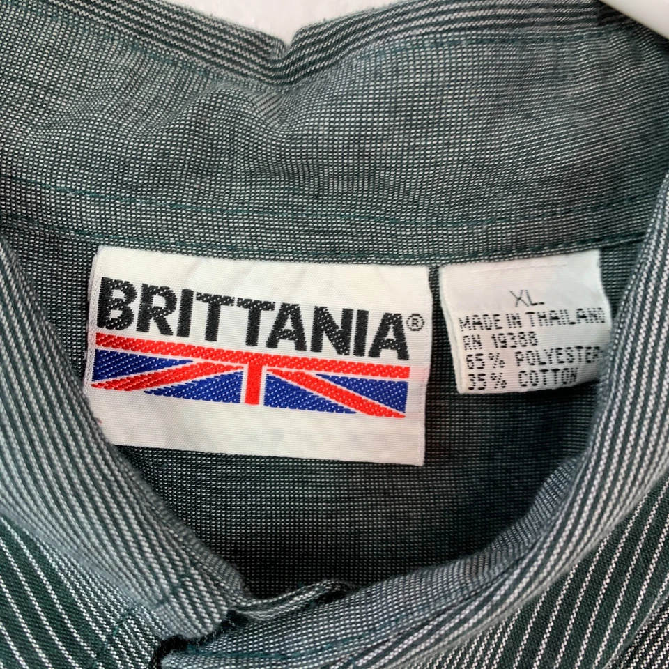 复古 90 年代 Brittania 垂直条纹绿色长袖纽扣衬衫男式 XL — 第 3/4 张图片