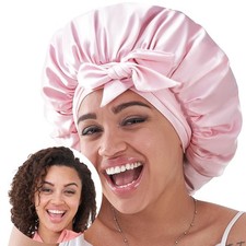 Pink Satin Hair Bonnet for Sleeping Silk Sleep Cap for Curly Natural Hair