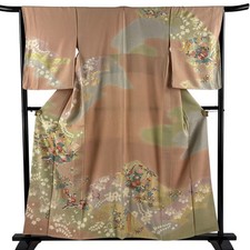 Japanese Silk Houmongi Kimono M 157cm Pink beige Grass and flowers Flowing water