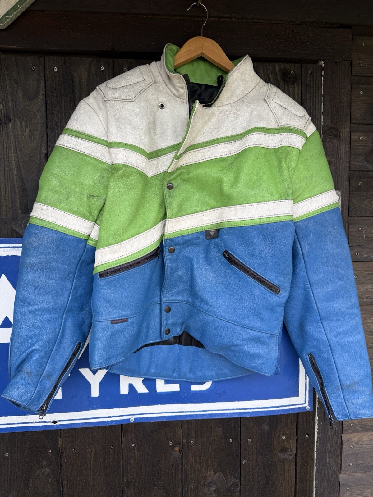 Scott Vintage 90’s Retro motorcycle leather jacket Size 42 Blue/green/white