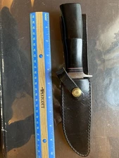 Rare A.G. Russell Shopmade Chute Knife with Black Leather Sheath