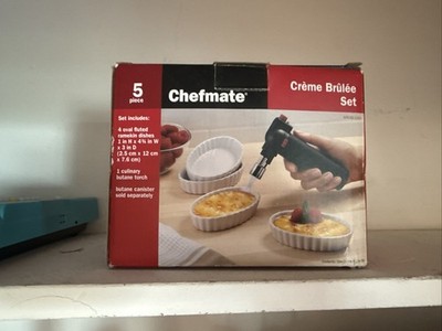 Chefmate Creme Brulee Set 5 Piece  4 Ceramic  Ramekins and Torch  NIB