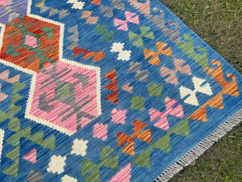 6x8 Blau Bunt Türkisch Geometrisch Wolle Kelim Traditionell Modern Turkmenisch Teppich - Bild 5 von 10