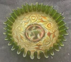 VINTAGE CARNIVAL FENTON GREEN HEART AND VINE CANDY RIBBON EDGED BOWL