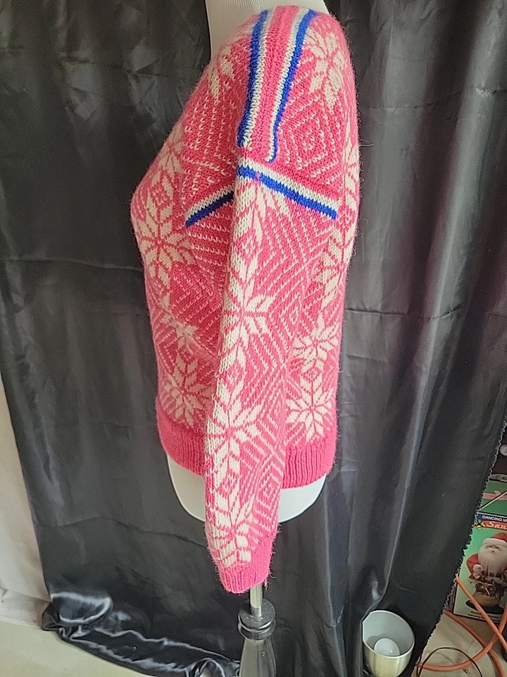 Suéter de Lana Rosa Vintage Blanco Copos de Nieve Azul Rayas Esquí Nieve Caminata Wm X-S/S Foto 4 de 4