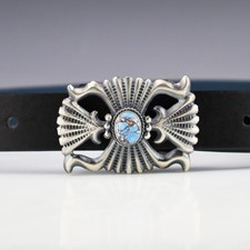 NATIVE AMERICAN NAVAJO SILVER & GOLDEN HILLS TURQUOISE BUCKLE BY HARRISON BITSUE