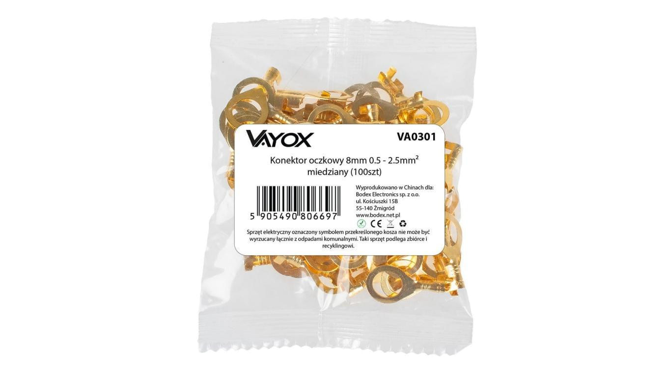 5905490806697 Наконечник оконный 8мм 0,5 - 2,5 мм2 медзяны (100шт.) VA0301 Vayox