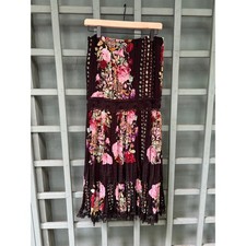 Boho Floral Lace-Trim Tiered Midi Skirt- Sz M- Whimsygoth 90s Vintage