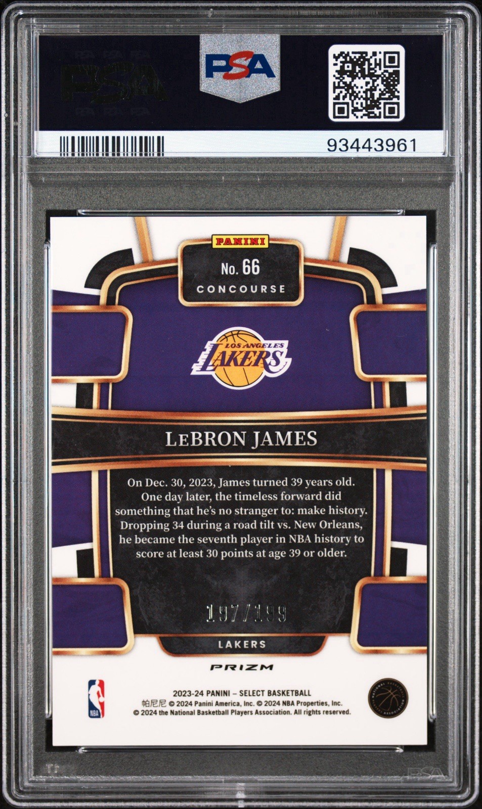 2023 PANINI SELECT LEBRON JAMES #66 RED PRIZM /199 PSA 10 view 2