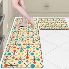 Mid Century Modern Atomic Kitchen Rugs Sets of 2 Retro Yellow Kitchen Decor A...