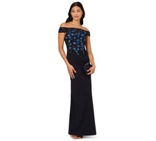 Adrianna Papell Beaded Sequin Gown Off Shoulder Column Navy Size 16 NWT $279