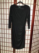 Lauren Ralph Lauren Dress Women 12 Black Faux Wrap Ruched Knee Length 3/4 Sleeve