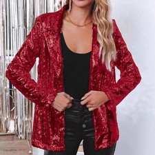 Ladies Sparkly Sequins Long Sleeve Open Front Coat Jacket Blazer Party Tops SIZE