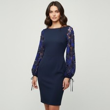 Badgley Mischka Navy Blue 3D Floral Lace Balloon Sleeve Sheath Dress Size 0