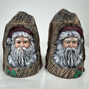 Hand Painted Ceramic Santa Candlestick Holder Set (2) face log holiday vintage