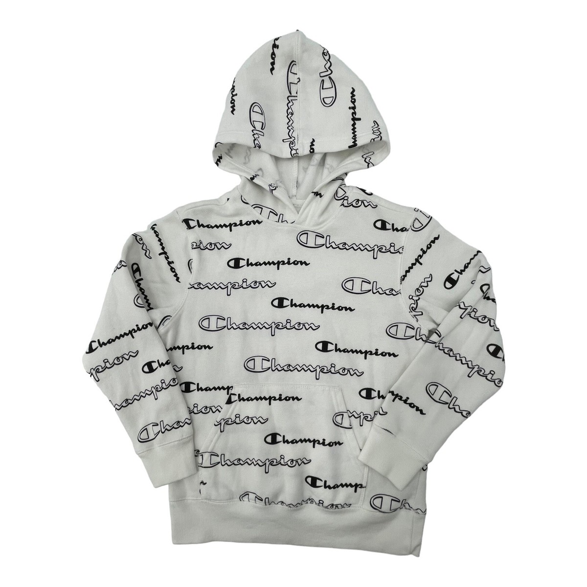 Champion All Over Print Shadow Script Hoodie 8387CB White Champion All Over Print Shadow Script Hoodie 8387CB White