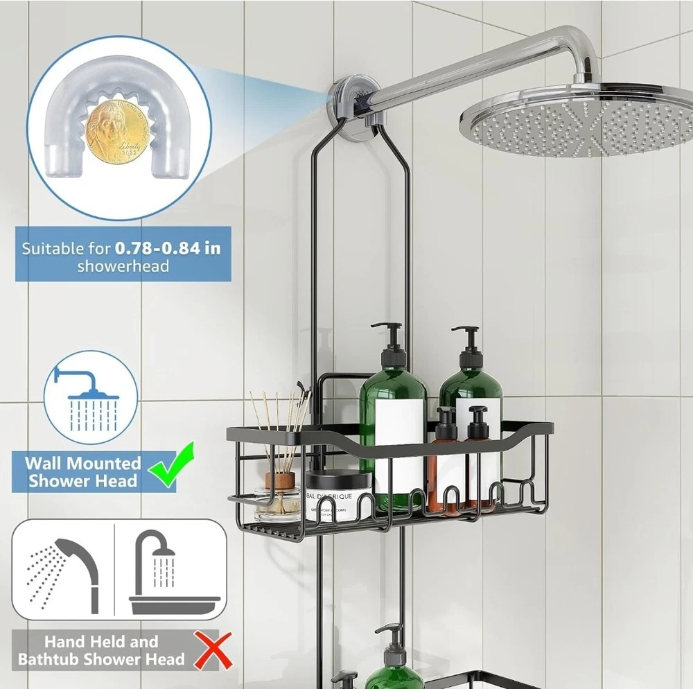 Shower Caddy Extended Length, Over Showerhead No Blocking w/Hooks & Soap Holder