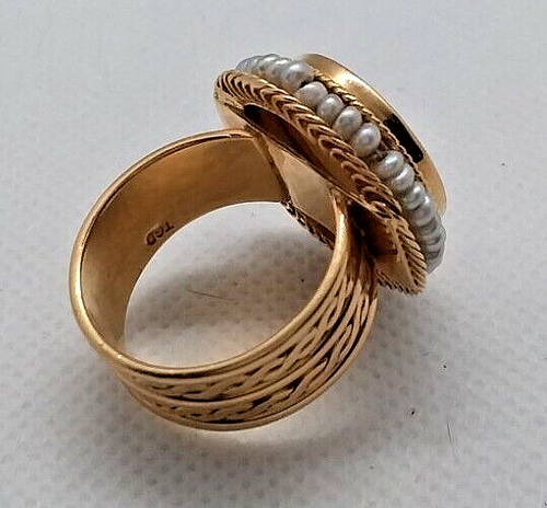 14K Gold Ring, MO Pearl Chinese Phoenix Token & Seed Pearls, Size 9, 11 Grams - Picture 6 of 22