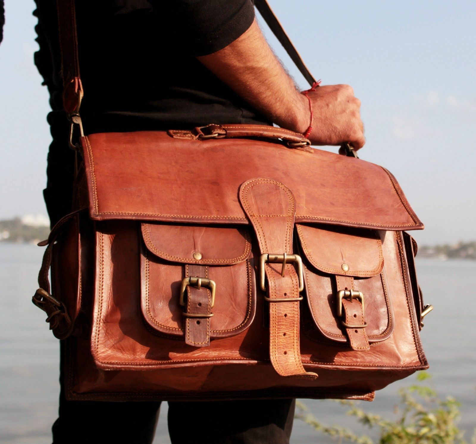 Vintage Leather Messenger Laptop Briefcase Satchel Free Shipping bag Unisex Gift
