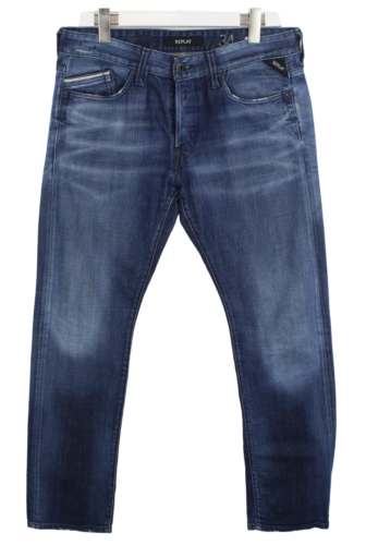 Replay Waitom Hommes Jeans W34/L32 Bouton Coupe Standard Moustaches Délavé Bleu - Photo 1/8