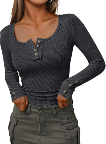 Womens Long Sleeve Shirts Going Out Fall Clothes Casual Henley Tops Ribbed Knit