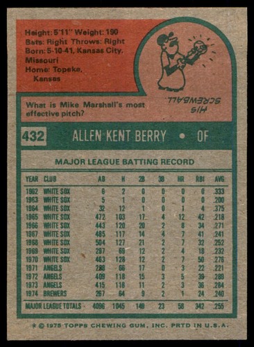 1975 TOPPS KEN BERRY MILWAUKEE BREWERS #432 (T101) - Picture 2 of 2