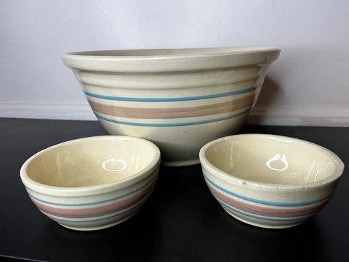 Vintage MCCOY Oven Ware Bowls 12 And 6 Set Of 3 Blue Pink Band