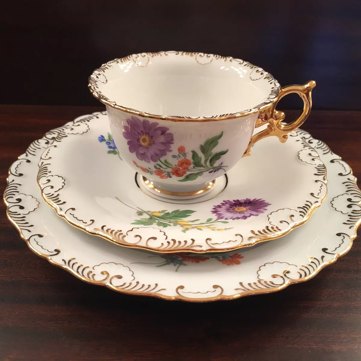 Antique Meissen Tea Cup & Saucer, Plate; Art Nouveau, Pedestal