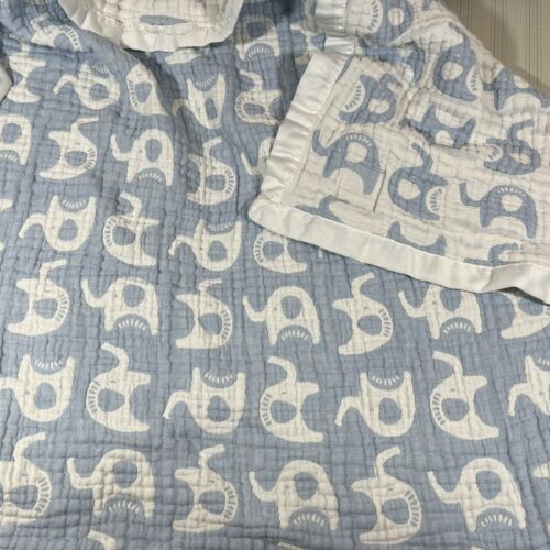 Living Textiles Baby Blue Elephant Muslin Security Blanket White Satin Trim T2 - Photo 1/12