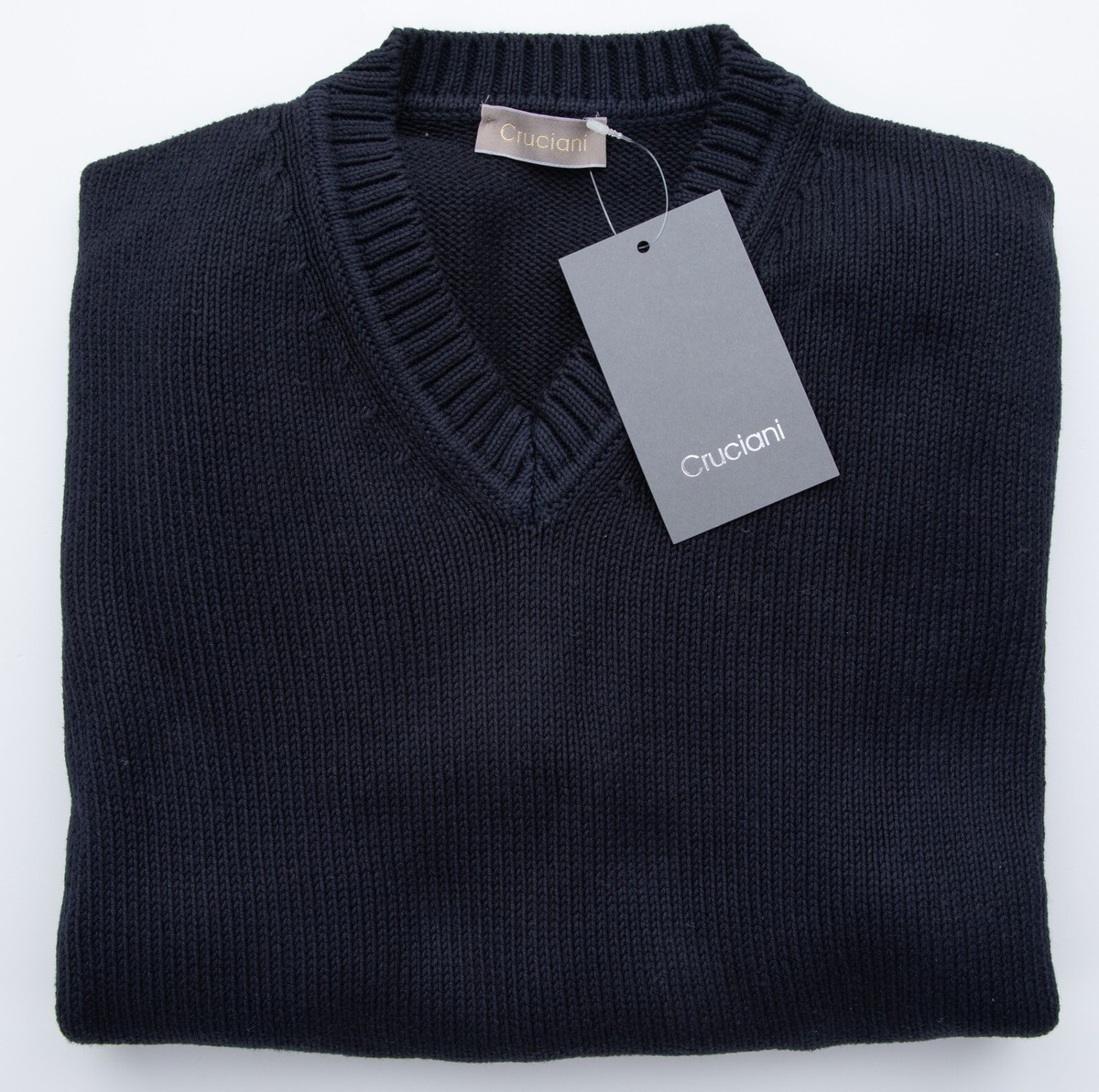 NWT CRUCIANI Navy Blue Cotton Rib Knit V-Neck Pullover Sweater XS 
