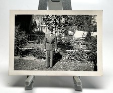 WW2 Photo Gi Standing In Yard Trees Flowers