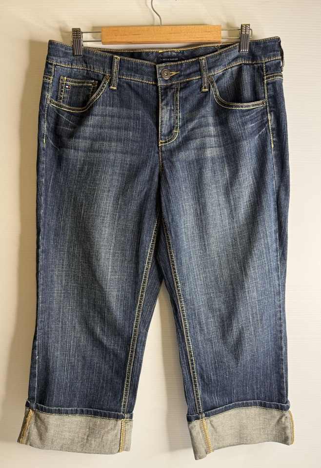 Tommy Hilfiger Cuffed Crop Jeans Women 12 Dark Blue Denim Mid Rise 2009 Preppy